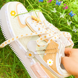 aj1鞋带女af1空军一号GD同款小雏菊小白鞋小花扁绳彩色泫雅风可爱