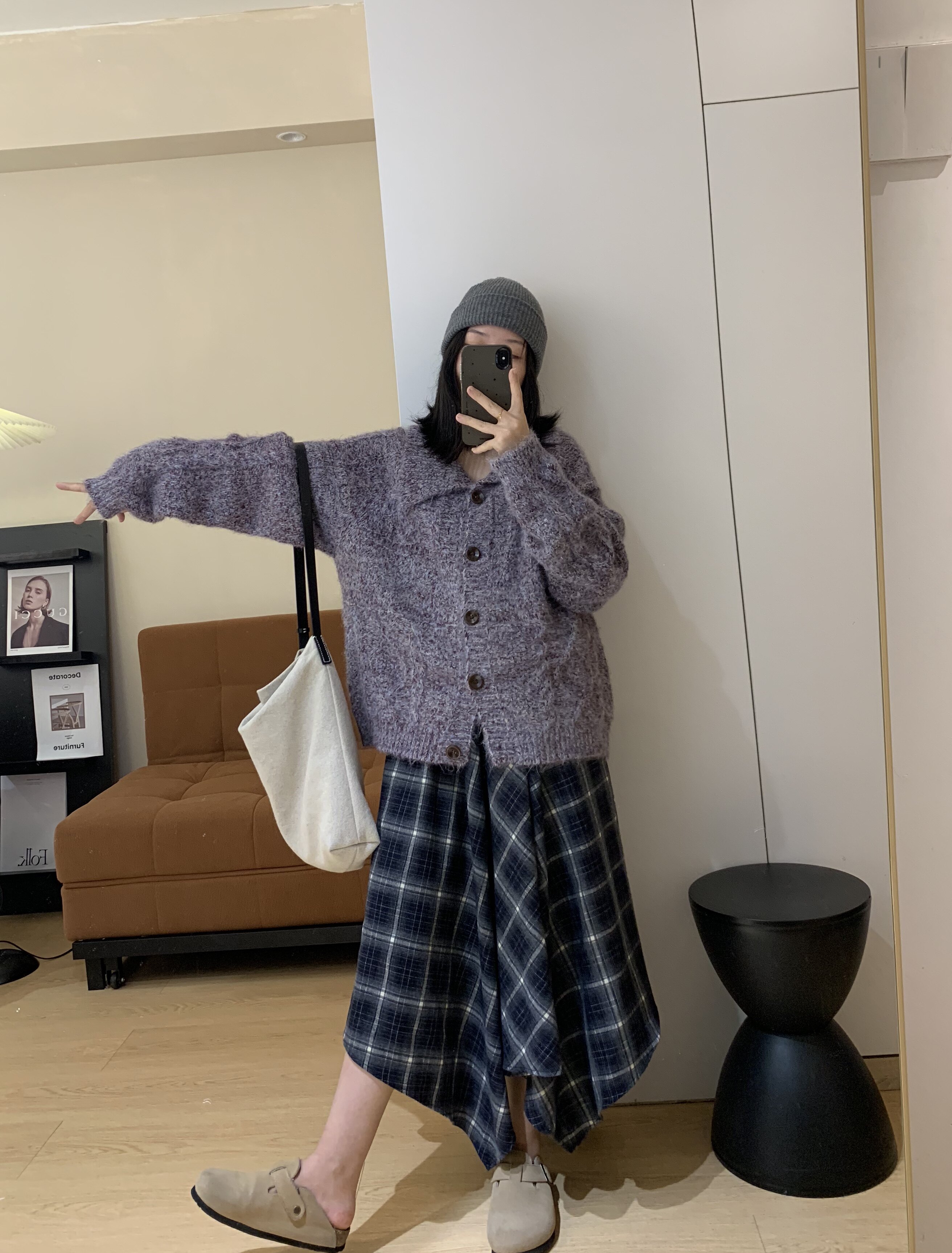 复古翻领麻花棱格杂线毛衣开衫针织衫秋季新品女装短款上衣