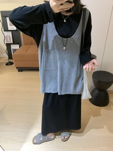 上衣 复古文艺慵懒风黑色针织马甲背心女秋季 新款 宽松大版 无袖