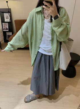 MIHOUSE日系复古文艺柔软绿色格子衬衫女宽松显瘦长袖上衣衬衣