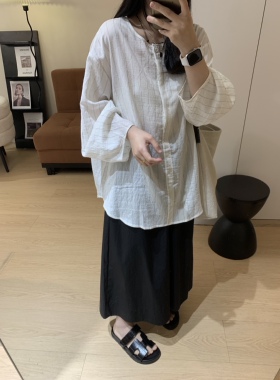 MIHOUSE日系复古文艺女宽松显瘦七分袖条纹衬衫上衣夏天防晒衣
