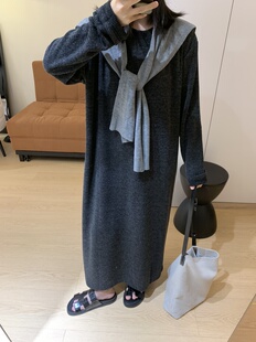 复古重工磨毛圆领长款T裙连衣裙秋冬打底裙子女装新品长袖针织裙