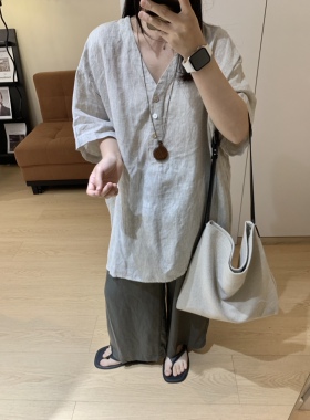 MIHOUSE日系复古文艺宽松大码显瘦短袖亚麻T恤上衣女装夏天衬衣