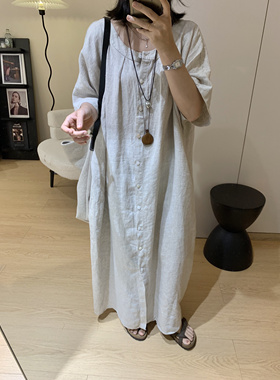 MI老钱复古文艺慵懒风亚麻连衣裙女夏季新款宽松大版长款裙子开衫