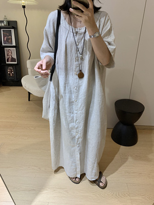 MI老钱复古文艺慵懒风亚麻连衣裙女夏季新款宽松大版长款裙子开衫