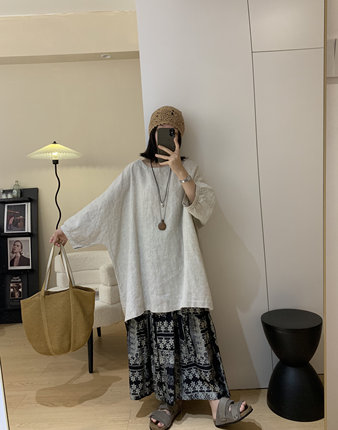 MI老钱风高货复古文艺亚麻T恤上衣夏季新款宽松大版衬衣中长款女