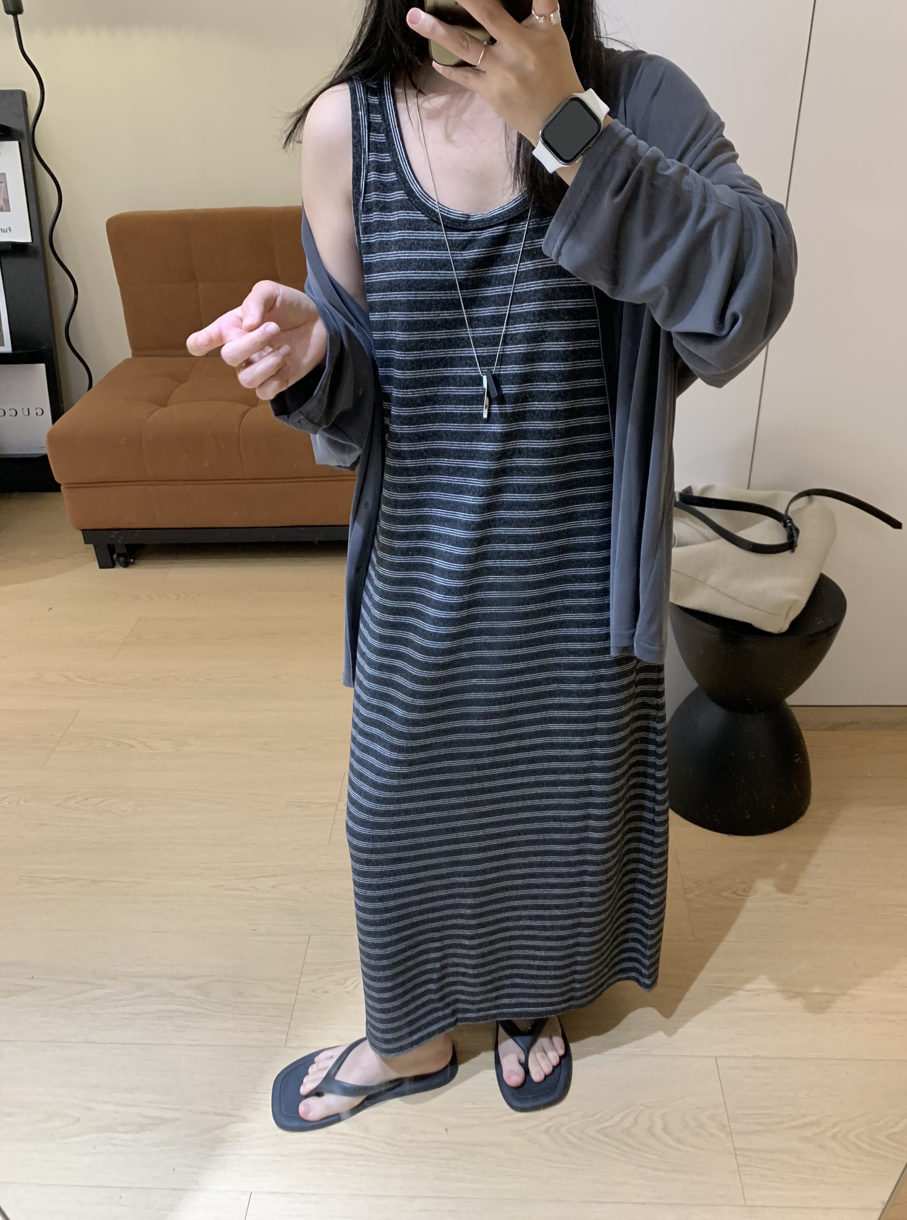 日系复古条纹连衣裙女宽松垂感内搭无袖打底背心长裙春夏款