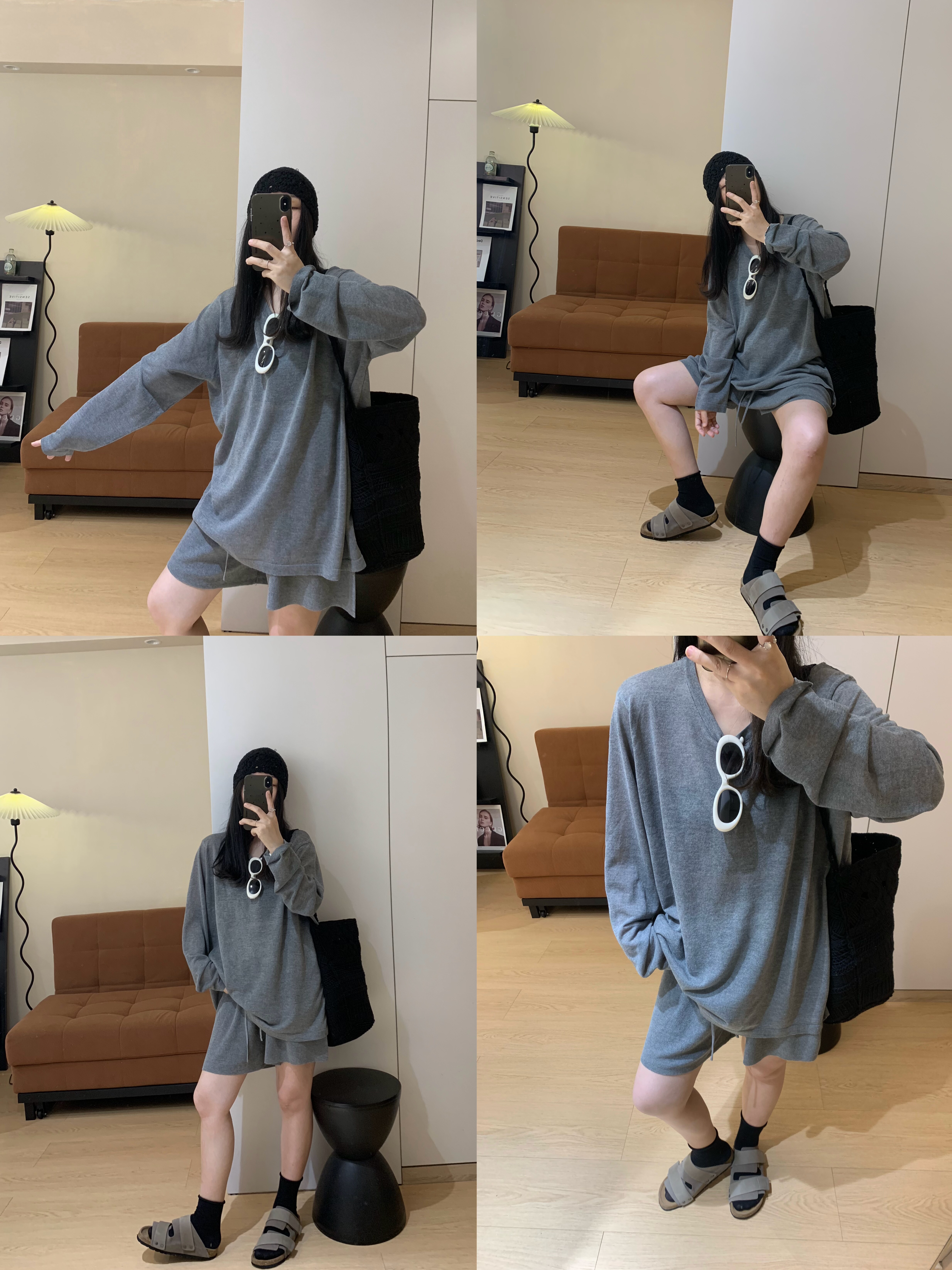 复古小众宽松大码显瘦薄款女针织衫套头罩衫上衣短袖短裤夏天套装