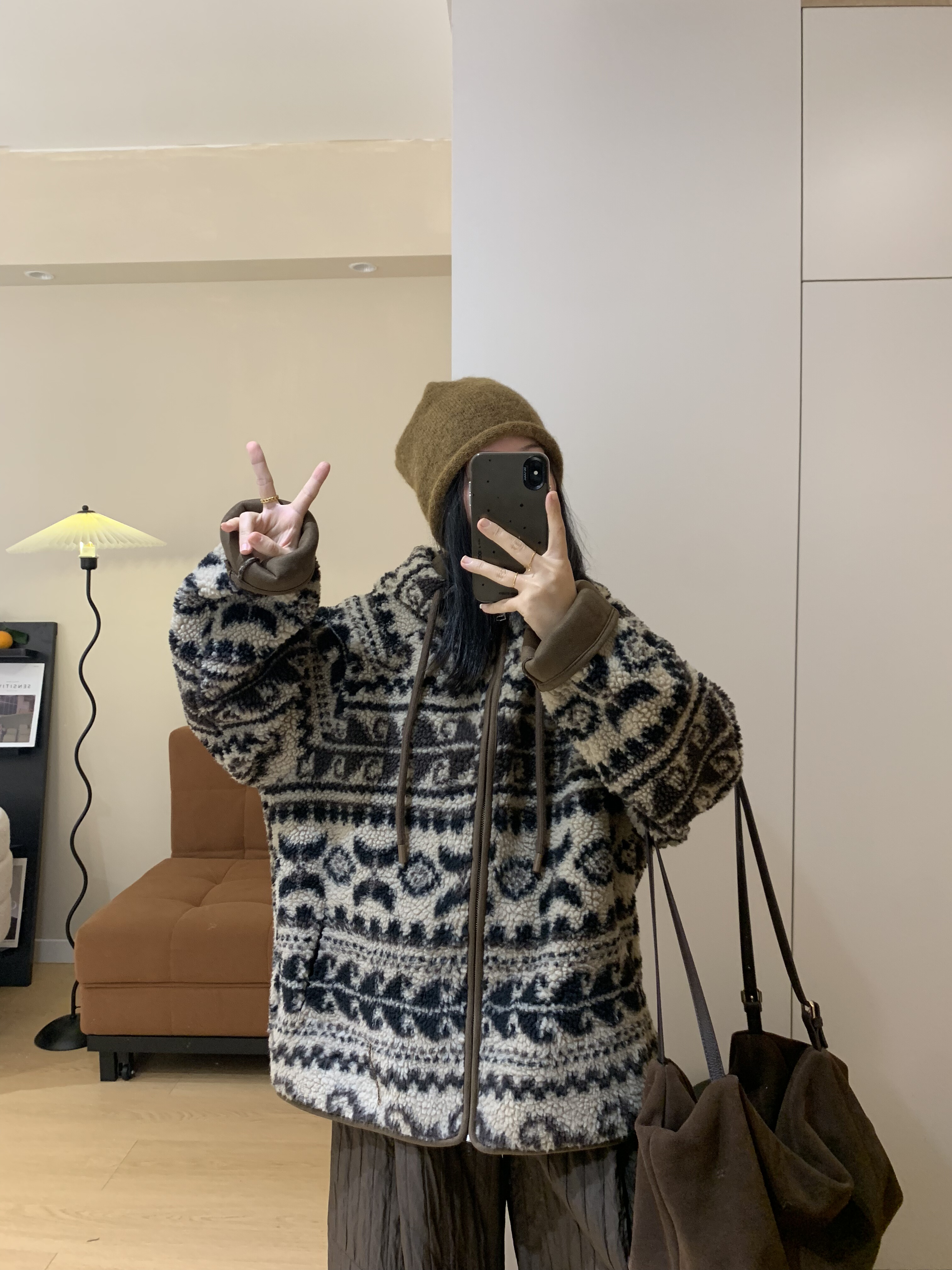 复古费尔岛加厚保暖仿羊羔毛环保皮草皮毛一体连帽外套秋冬新款女