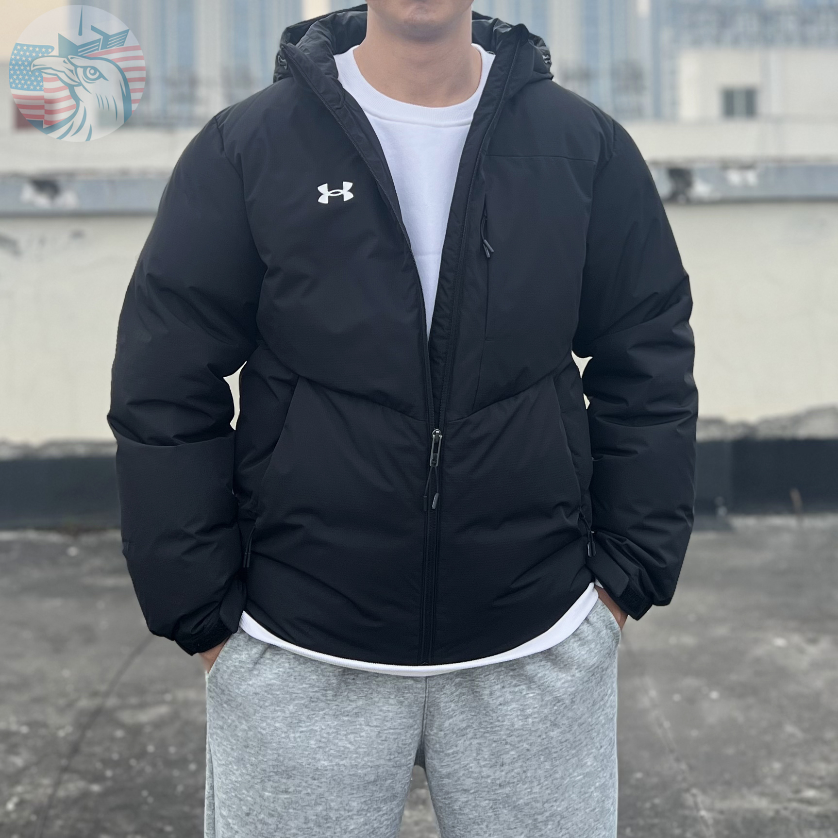 安德玛保暖连帽90白鸭绒羽绒服男