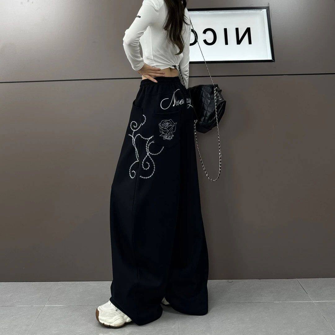 美式街头爵士舞运动裤女秋季新款千禧玫瑰重工刺绣宽松阔腿休闲裤,女装/女士精品,休闲裤,淘宝优惠券,粉丝福利购,淘宝优惠卷