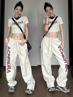 美式街头爵士舞运动裤女字母印花宽松直筒阔腿裤hiphop嘻哈舞蹈裤