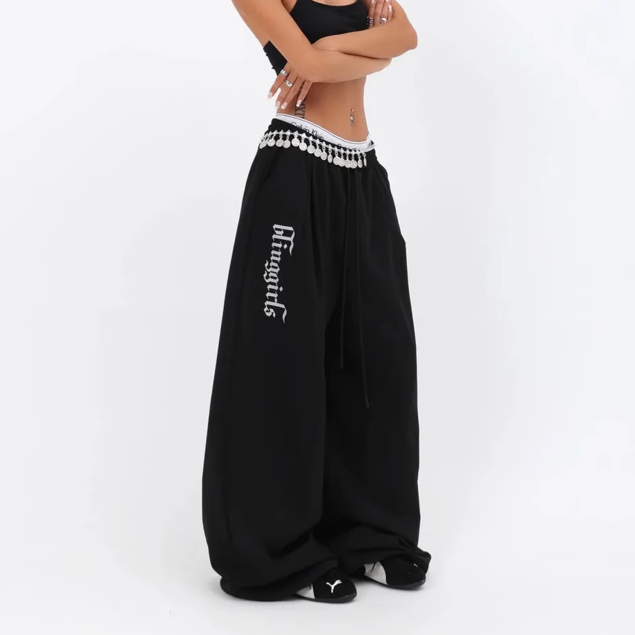 美式街头hiphop爵士街舞宽松大版型休闲发光镭射印花直筒运动裤女