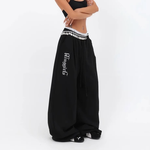 美式街头hiphop爵士街舞宽松大版型休闲发光镭射印花直筒运动裤女