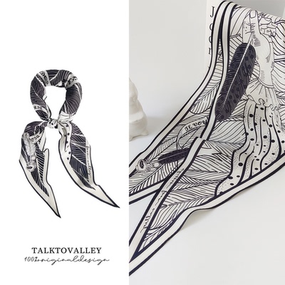 黑白条纹波点羽毛几何twill绑包发带双面菱形三角送礼真丝丝巾