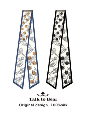 复古黑白蓝色波点法式twill原创绑包束发带桑蚕真丝窄长条小丝巾