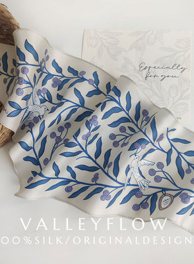 新|蓝紫色浅灰小鸟夏twill绑包发带双面真丝菱形三角送礼小丝巾