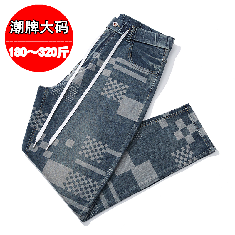 潮牌印花牛仔裤男胖子格子