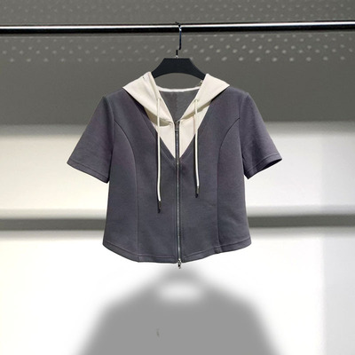 假两件短袖拼色拉链连帽上衣女装