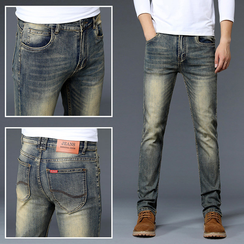 高端复古黄牛仔裤男士修身小直筒韩版休闲弹力水洗怀旧长裤子男款