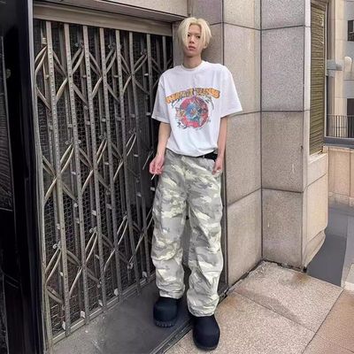 韩国水洗做旧口袋阔腿宽松cleanfit休闲直筒伞兵裤迷彩口袋工装裤