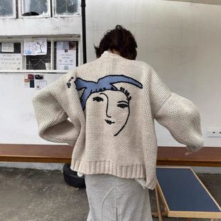 型针织上衣 秋冬短宽boxy版 韩国 羊毛混纺手工和平鸽刺绣毛衣开衫