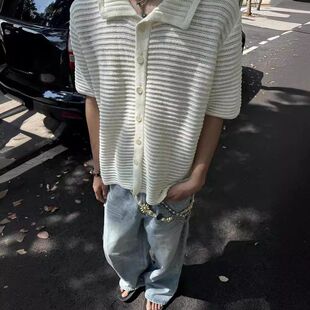 韩国 少爷老钱风复古针织短袖衬衫boxy短宽夏季休闲镂空开衫T恤男
