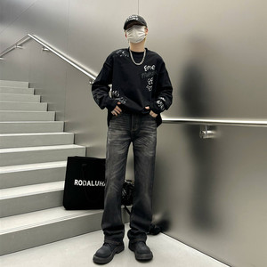 美式高街cleanfit水洗黑灰做旧 直筒微喇叭复古517牛仔裤男vibe风