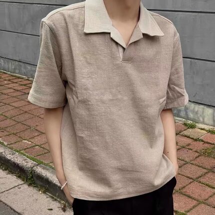 韩国 70%亚麻混纺奢品老钱风撞色短袖cleanfit休闲Polo衫棉麻t恤