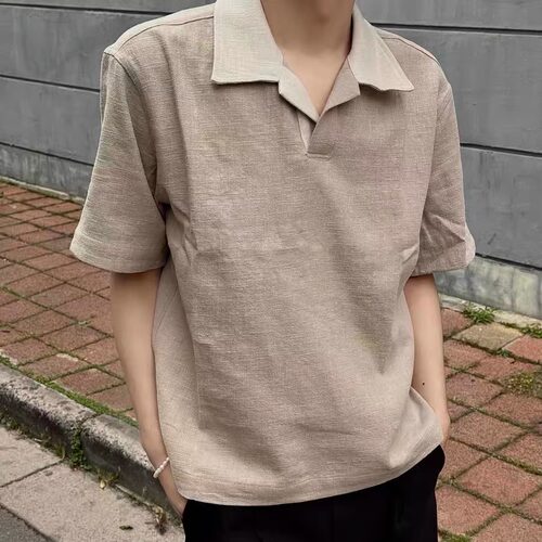 韩国 70%亚麻混纺奢品老钱风撞色短袖cleanfit休闲Polo衫棉麻t恤