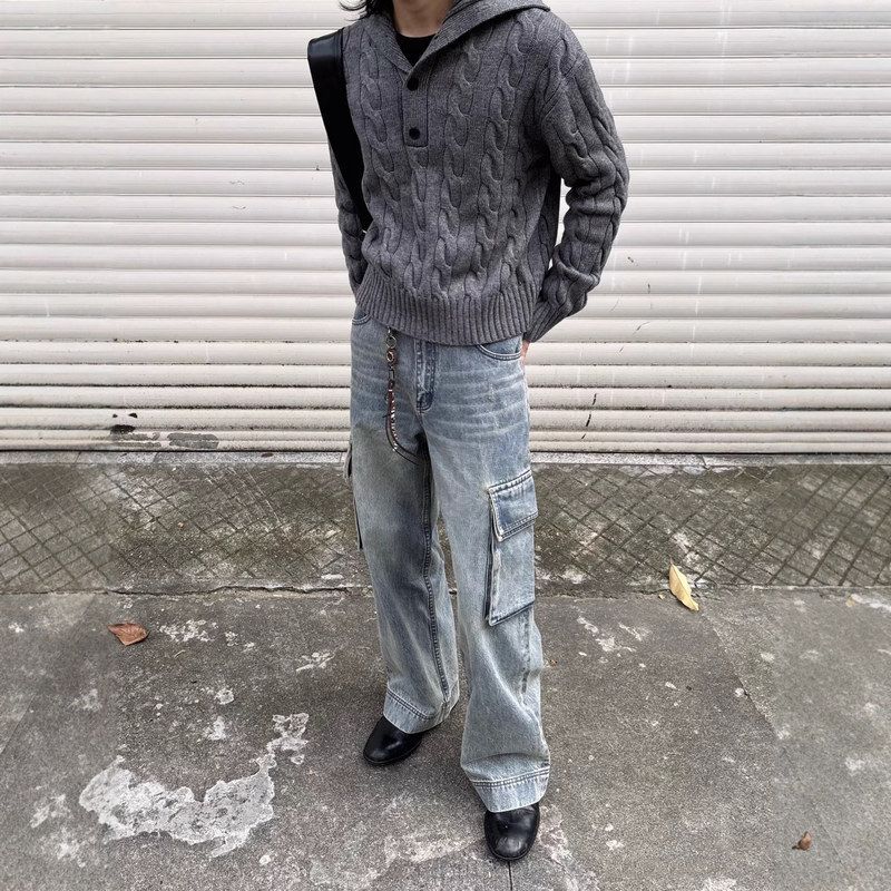 韩国 浮雕绞花粗针多造型毛衣 / 羊毛混纺短宽廓形复古老钱针织衫