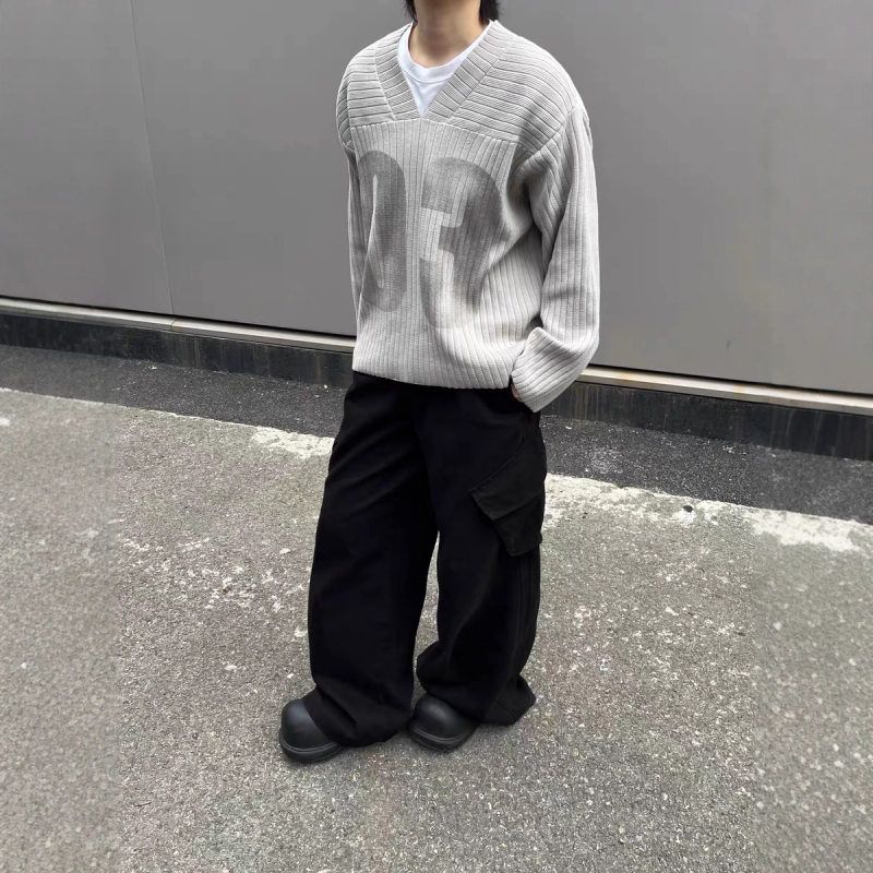 韩国 cleanfit美式复古宽松运动V领毛衣抗条针织长袖针织球衣外套