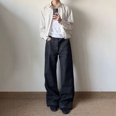 韩国 坑条提花条纹水洗原牛男14oz直筒微喇牛仔裤A字阔腿百搭长裤