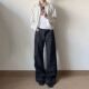 A字阔腿百搭长裤 韩国 坑条提花条纹水洗原牛男14oz直筒微喇牛仔裤