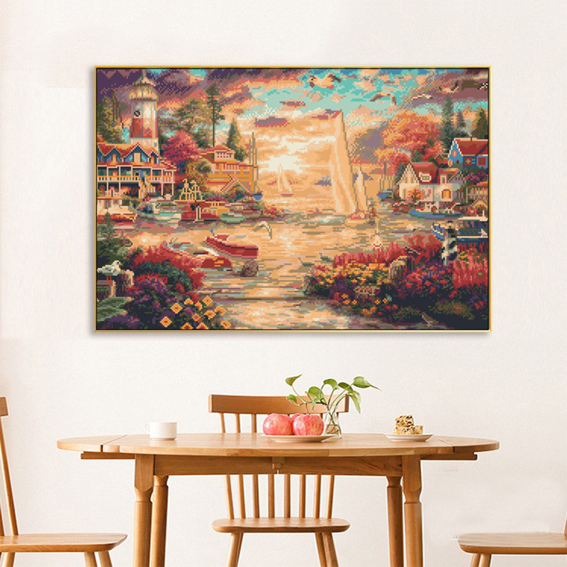 正品精准十字绣客厅线绣小件满绣现代油画简约大海别墅风景手工画