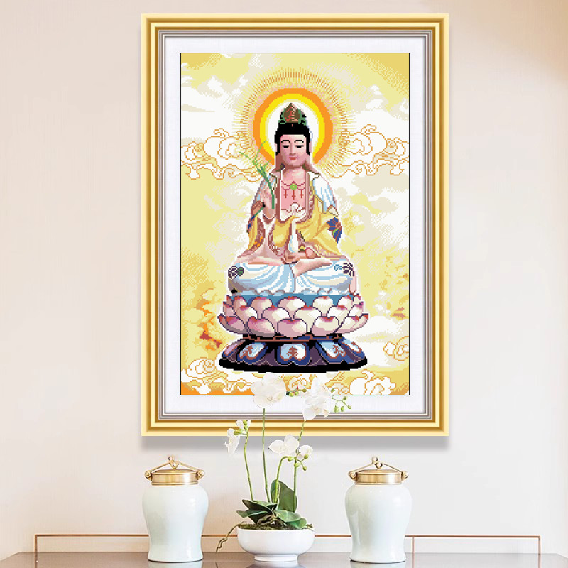 正品精准十字绣新款客厅手工线绣满绣玄关中堂竖版挂画观音菩萨像