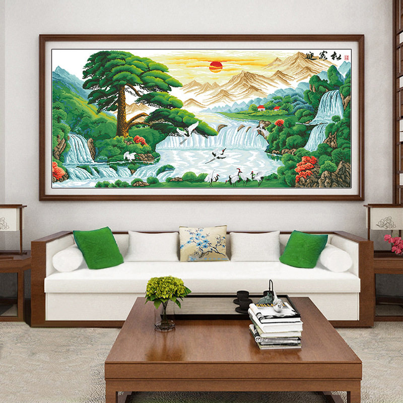 正品精准印花十字绣线绣流水生财山水风景迎客松横幅手工自己刺绣