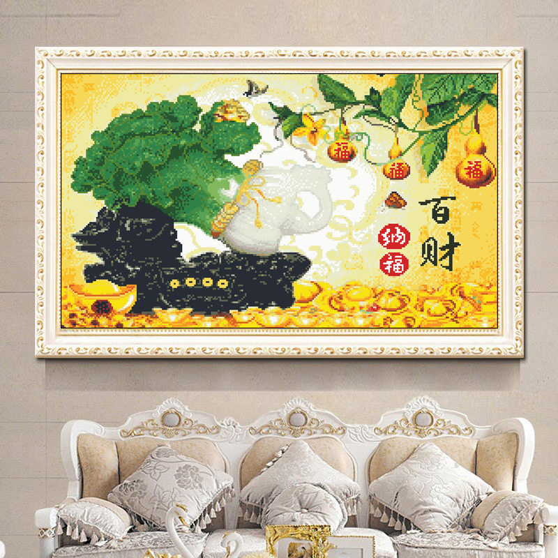 正品精准印花十字绣小幅新款线绣客厅刺绣百财纳福白菜摆件自绣画