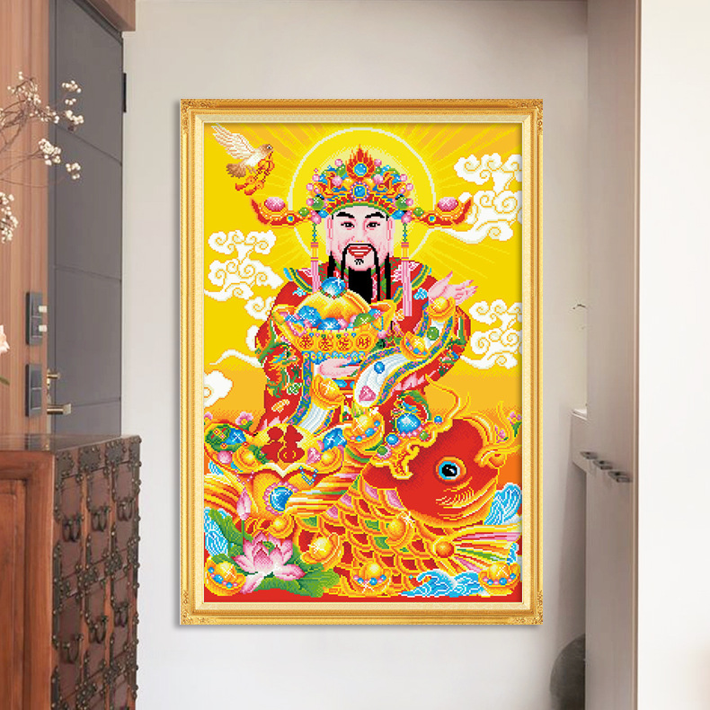 正品精准十字绣满绣客厅玄关竖版线绣财神爷恭喜发财手工刺绣画