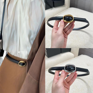 复古真皮杨树林椭圆扣高级感装饰细腰带配牛仔裤配连衣裙女士皮带