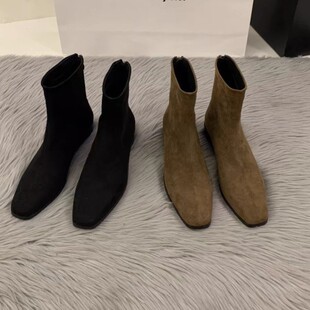 真皮高级感复古方头小短靴女2025秋冬单靴瘦瘦靴法式绒面小踝靴子