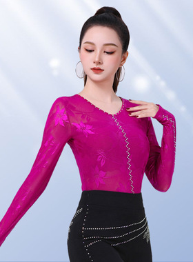 新款拉丁舞上衣女性感网纱提花勾手指跳舞衣伦巴国标三步踩舞蹈服