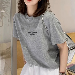 夏季 正肩纯棉短袖 百搭洋气显瘦灰色上衣打底衫 t恤女2025新款 时尚