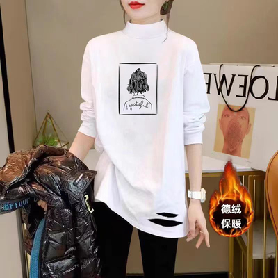 德绒半高领打底衫女长袖宽松内搭2025秋冬加绒中长款破洞T恤上衣