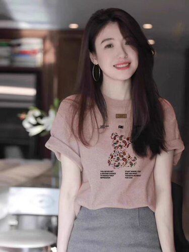 2026纯棉夏季粉色别致短袖t恤女新款设计感小众显瘦体恤休闲上衣