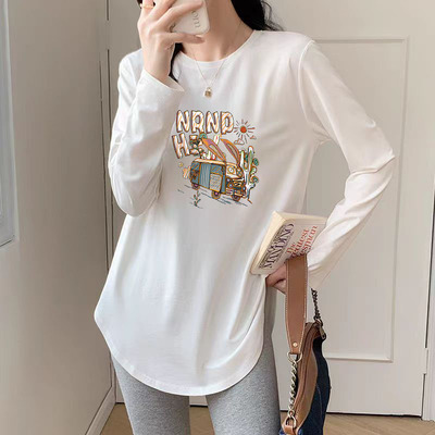 纯棉中长款遮屁股打底衫2024新款宽松上衣不规则设计长袖T恤秋季