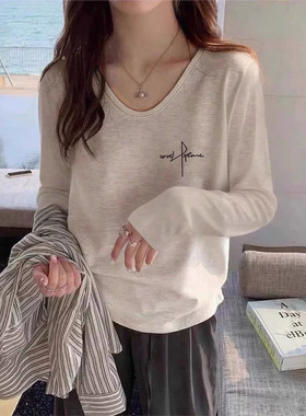 正肩纯棉V领长袖t恤女2026春秋冬新款时尚百搭浅花灰色上衣打底衫