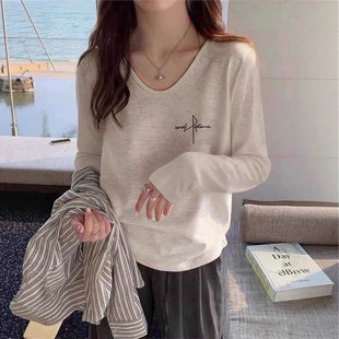 百搭浅花灰色上衣打底衫 时尚 t恤女2026春秋冬新款 正肩纯棉V领长袖