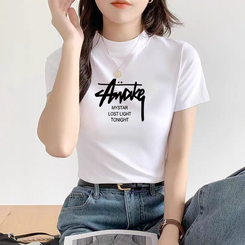 纯棉女2025夏款短袖T恤正肩打底修身韩显瘦辣妹百搭半高领上衣ins