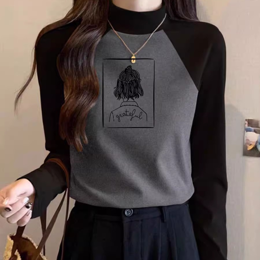 纯棉2025秋冬新款休闲百搭时尚插肩打底衫女半高领长袖T恤上衣ins